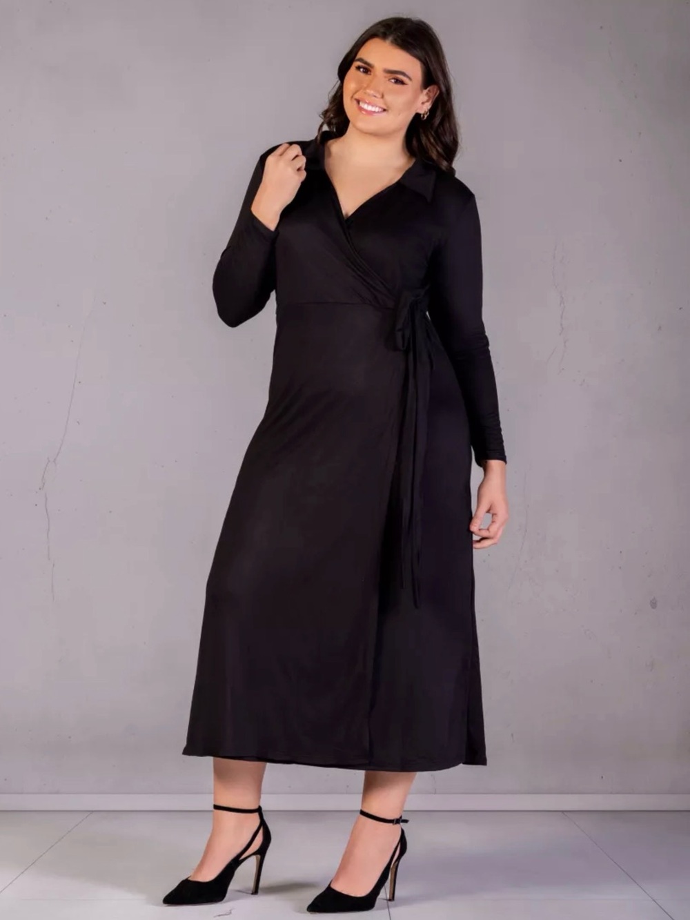 24/7 Comfort Apparel Black Faux Wrap Maxi Dress